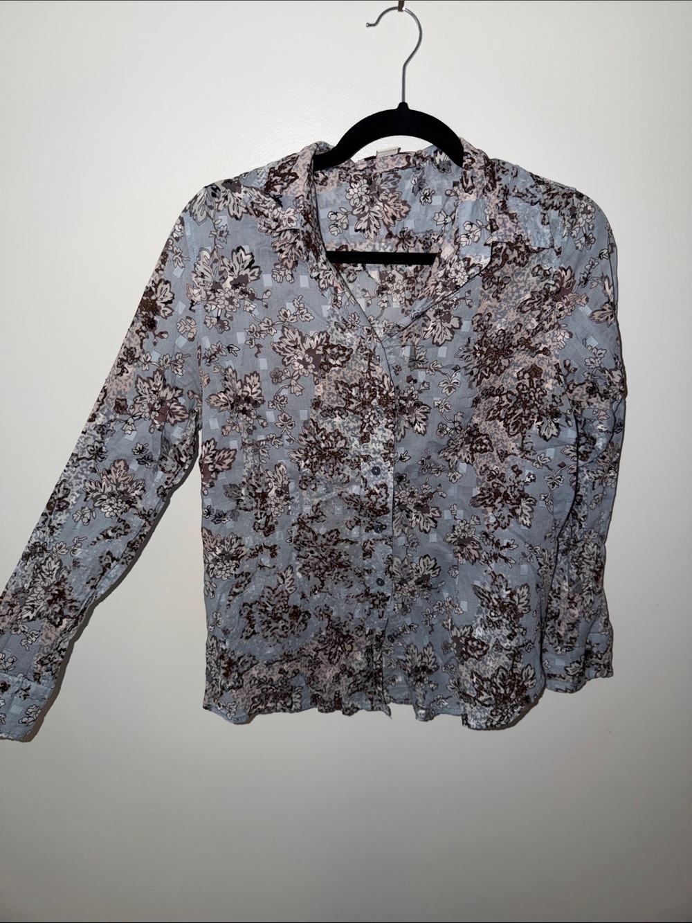 Coldwater Creek Light Blue and Brown Floral Button-Down Shirt